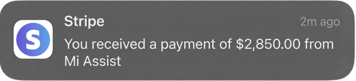 Payment notification preview showing automated client billing